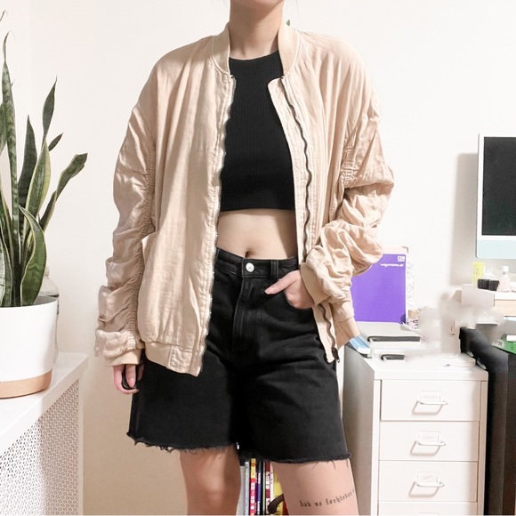 Free People Light Blush Pink Ruched Linen Bomber Zip Up Jacket - Picture 2 of 5